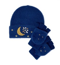 2-Piece Girls Celestial Beanie Hat Glove Set Gold Moon Sequins Faux Fur Mittens