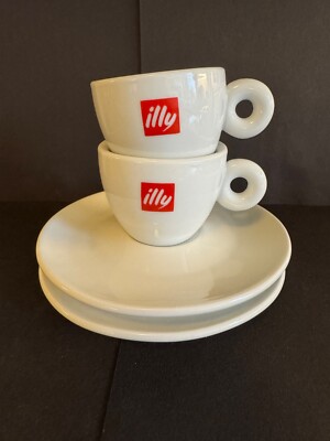 2x illy Espresso Kaffeetassen und Untertassen 50 ml rotes Logo Keramik