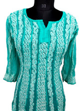 Hand Embroidered Lucknowi Chikankari Georgette Anarkali Aqua Blue Color Kurti