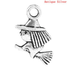 50 pcs. Antique Silver Witch and Broom Halloween Charms Pendants 13mm x 10mm