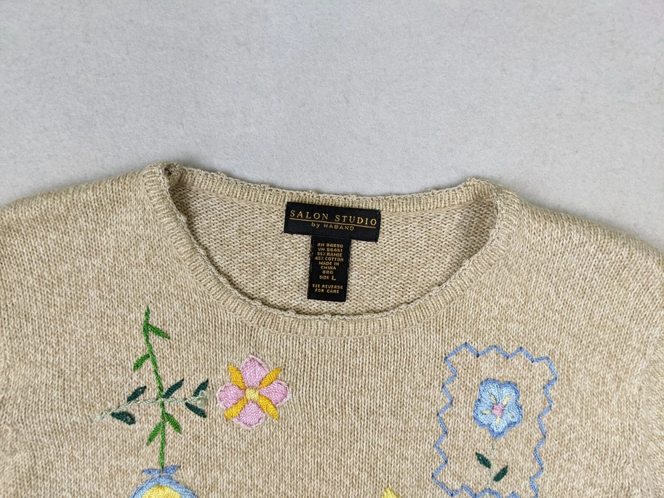 SALON STUDIO НА HABAND - ЖЕНЩИН БЕЖЕВЫЙ ВЫШИТЫЙ СВИТЕР С КОРОТКИМ РУКАВОМ - РАЗМЕР L - Изображение 3 из 4