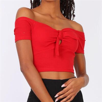 Bauchfreies Damen Off-Shoulder Top mit Knoten Rot 34/36/38 #T1798