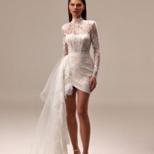 High Neck Long Sleeves Button Back Tulle Lace Short Sheath Wedding Dress Custom