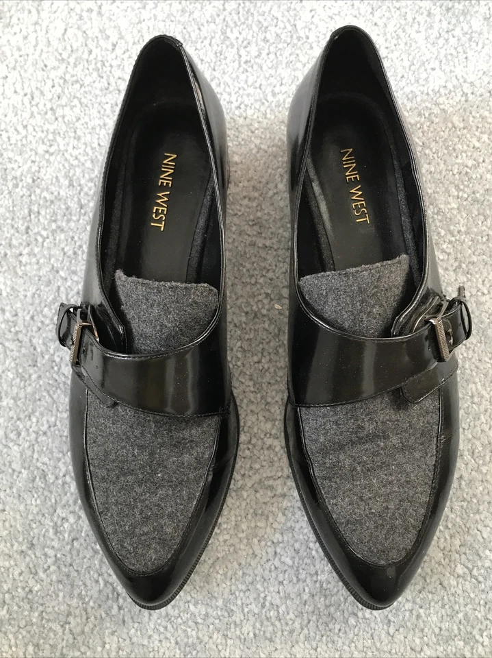 Nine West Mocasín Norella Monkstrap Mujer Talla 9.5M Negro Charol Zapatos Gris Tela Foto 2 de 4