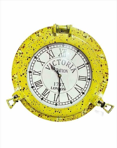 Nautical Porthole Wall Hanging Clock Ship Yellow Patina Finish For Wall Decor - Picture 4 of 4