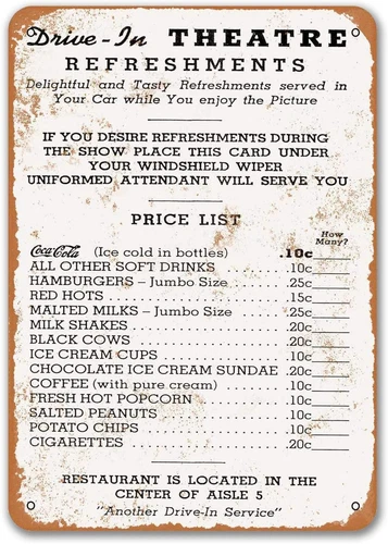1950 Drive in Theater Menu Metal Signs Wall Poster Tin Sign Vintage Home Kitchen