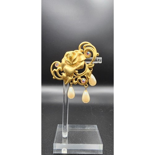 Vintage Avon Victorian Rose Brooch Gold Tone AB Rhinestone Faux Pearl Dangles
