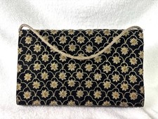 Vintage Black Velvet Evening Clutch Purse Tri Color Gold Silver Embroidery 8"