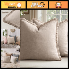 Natural Linen Fringe Throw Pillow Covers Set of 2, 20x20 Inch Decorative Cushion