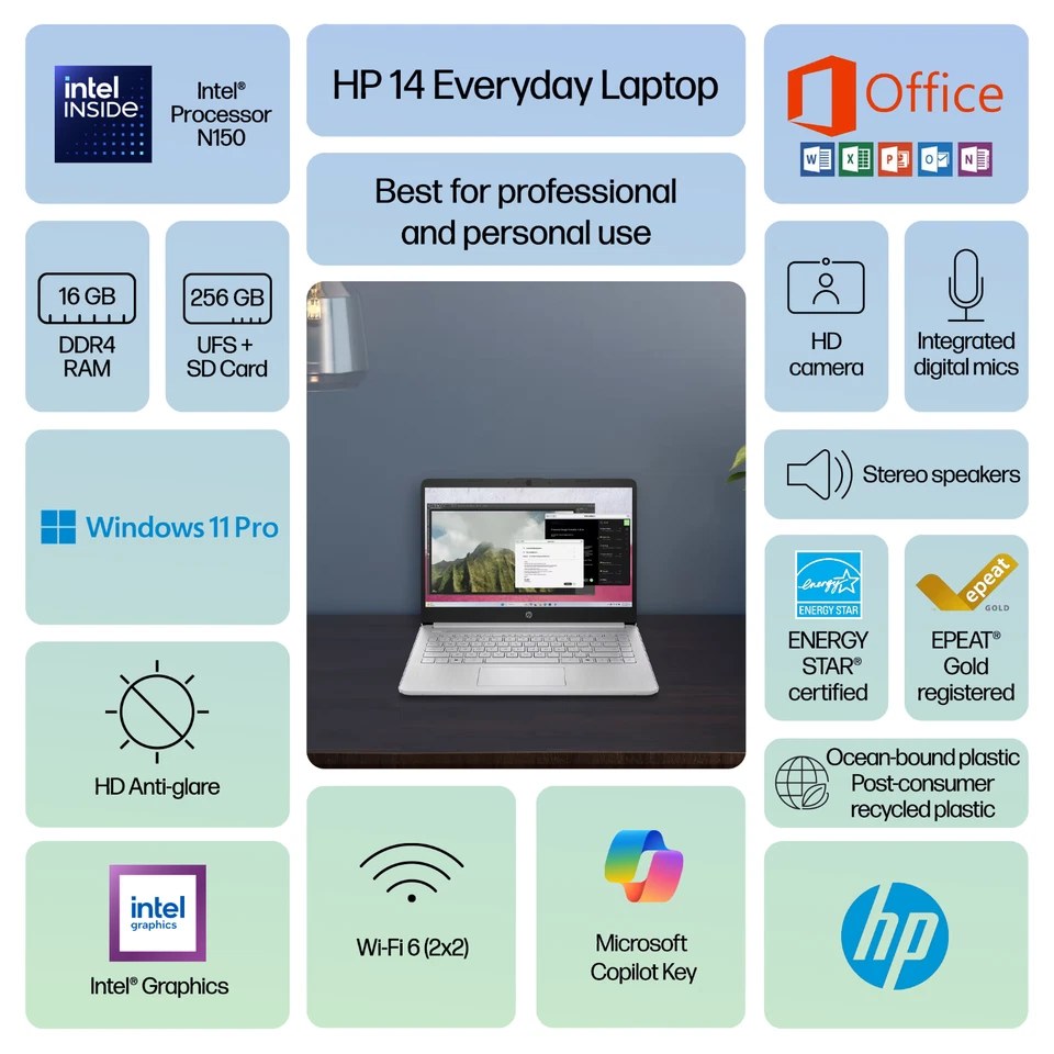 Computadora portátil HP 14" CPU Intel de cuatro núcleos, 16 GB de RAM + 256 GB de almacenamiento, Win 11 Pro Foto 2 de 4