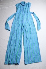 Mango Women's Striped Print Shirt Collar Bow Jumpsuit BL1 Blue Size XS NWT