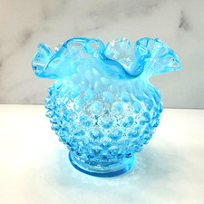 Fenton Blue Opalescent Hobnail Double Crimped Ruffled Vase 4.25" 1940s