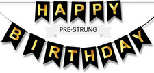 Happy Birthday Banner,Pre-Strung Black and Gold Party Decorations 16Ft Pre-Strun