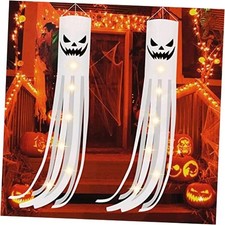2 Pack Halloween Ghost Windsock Flag with Lights, 70.8 Inch Glow in The Dark