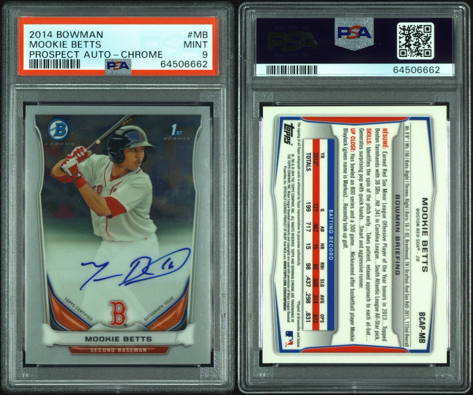 Topps 2014 1st Bowman Mookie Betts BCAP-MB Chrome Prospect Auto RC PSA 9  view 3