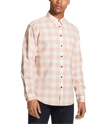 DKNY Mens Plaid Button Up Shirt, Orange, Small