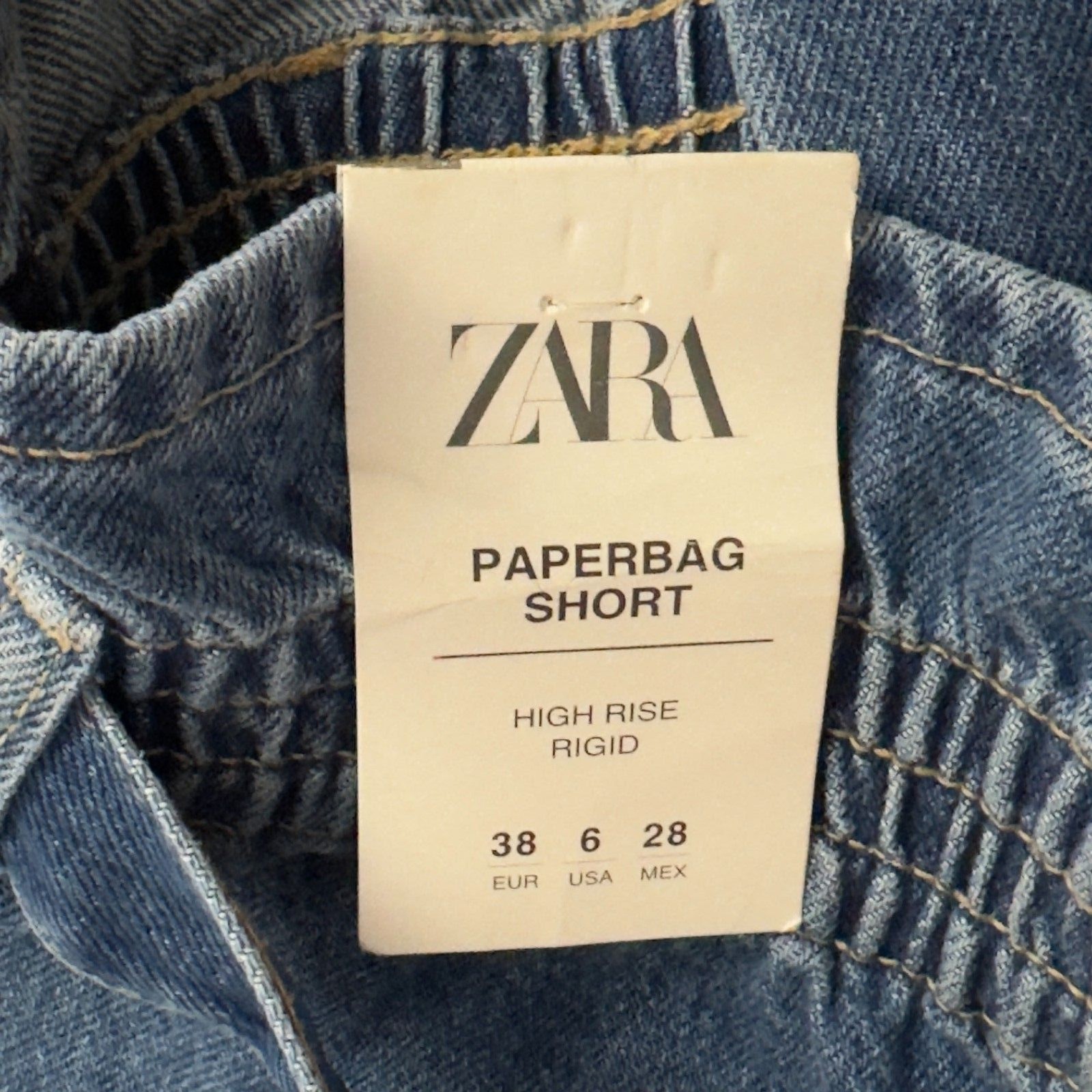 New Zara Paperbag High Waist Belted Denim Shorts Women's Size 6 thumbnail 3