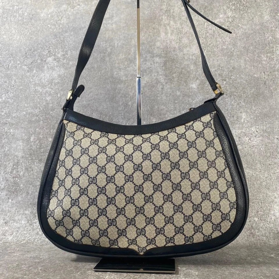 Auténtico Bolso de Hombro Gucci Sherry Line GG Supreme PVC Media Luna Cuero Azul Marino Foto 3 de 4