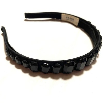Prada Black Bijou Crystal Beaded Headband Luxury Tessuto Nylon