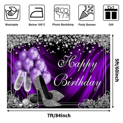 7x5Ft Purple Silver Happy Birthday Party Backdrop Photography Background - Picture 6 of 6