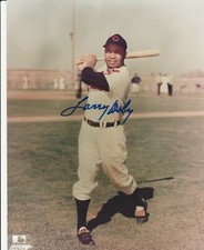 LARRY DOBY #14 SIGNED CLEVELAND INDIANS 8X10 BATTING ROAD 1998 HALL OF FAMER