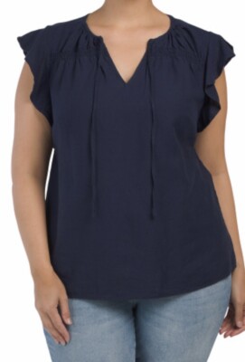 NWT Linen Blend CYNTHIA ROWLEY Plus 3X Flutter Sleeve Tie Neck Top Navy Blue