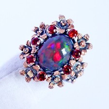 Black Opal Gemstone FLORAL Ring Garnet Sterling Silver Rose Gold Plated Jewelry