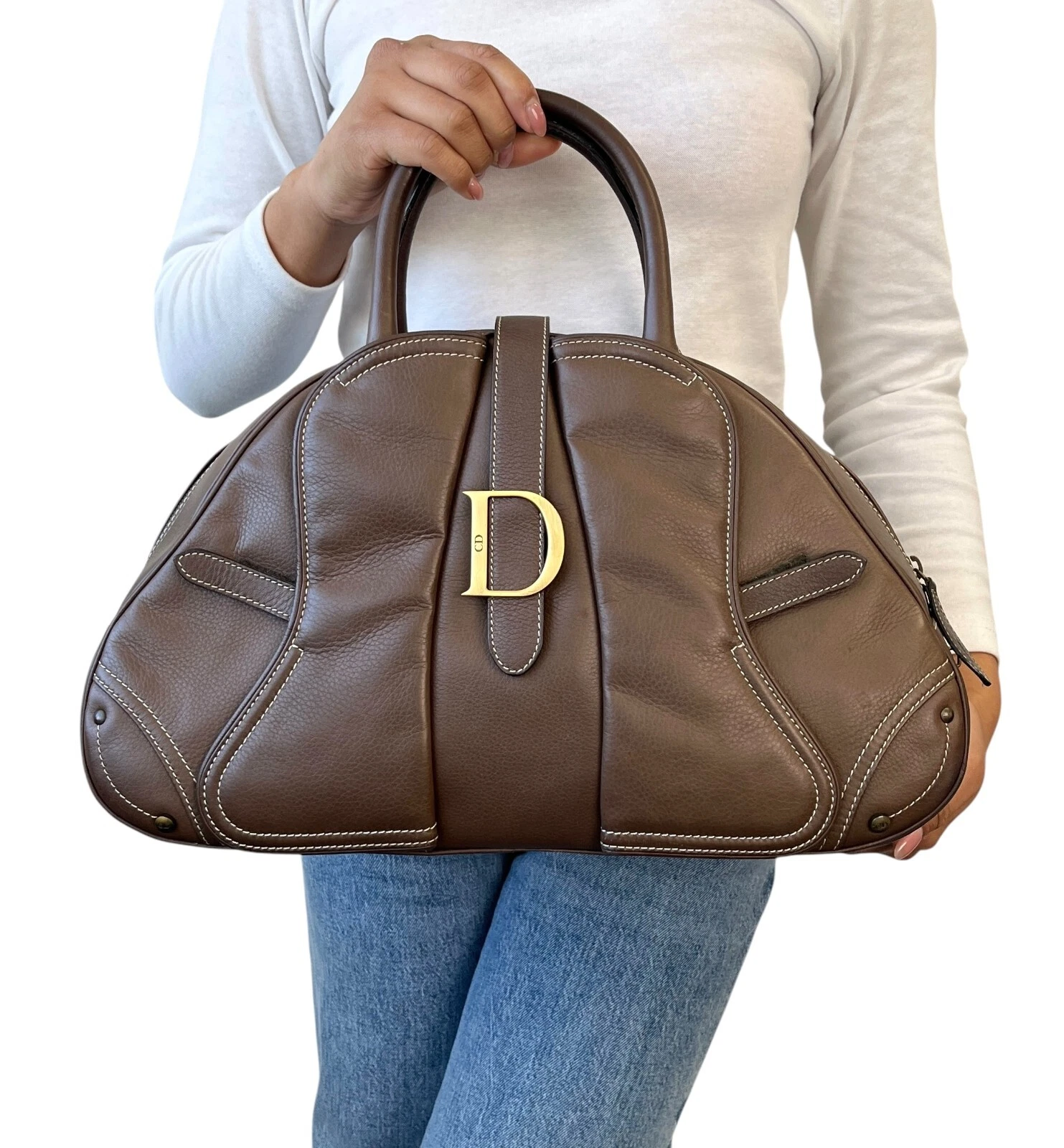 Cadenas sacoche double selle Christian Dior vintage 2001 logo CD cuir marron