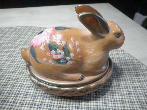 Rare Vint L. E. Smith Slag Glass Hand Painted Rabbit Bunny on Nest 7" - Picture 2 of 6