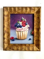 14x12” Original Oil Painting Canvas Cupcake Still Life Framed Signed By Artist