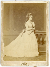Young woman in prom outfit, ca.1880, vintage albumen print card cabinet vintage