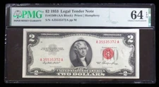 1953 $2 LEGAL TENDER NOTE FR #1509 PRIEST HUMPHREY PMG CHOICE UNC 64 EPQ