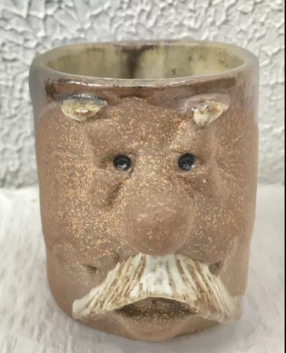Old Man Mug UGLY FACE Art Pottery Bushy Mustache Stoneware Cup 3-D Handmade