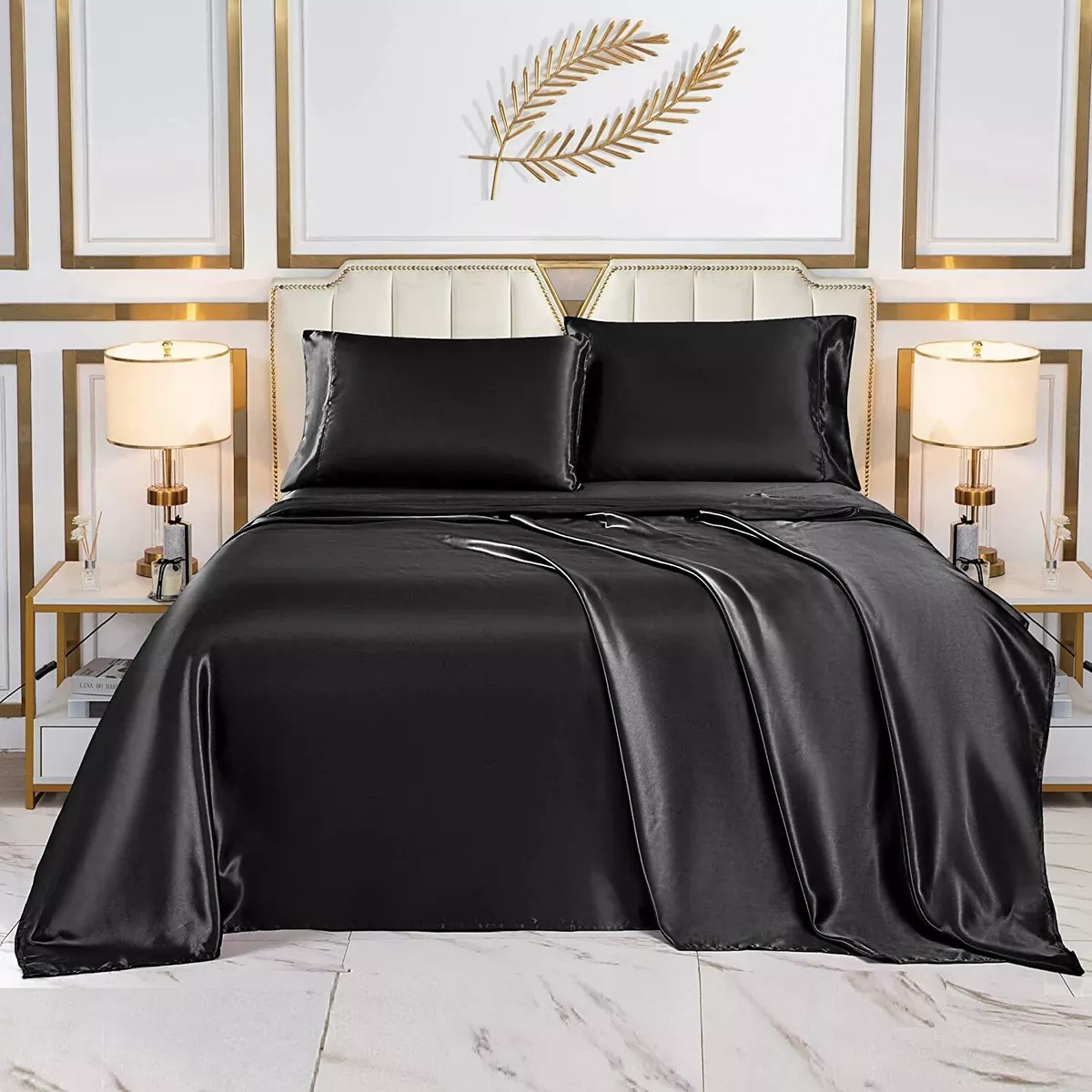 wavveUziz Satin Sheets Queen Size Black Satin Bed Sheet Set 16