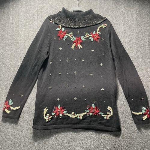 Theme Works by Kikit Christmas Black Turtleneck Sequin Red Poinsettias Size PL