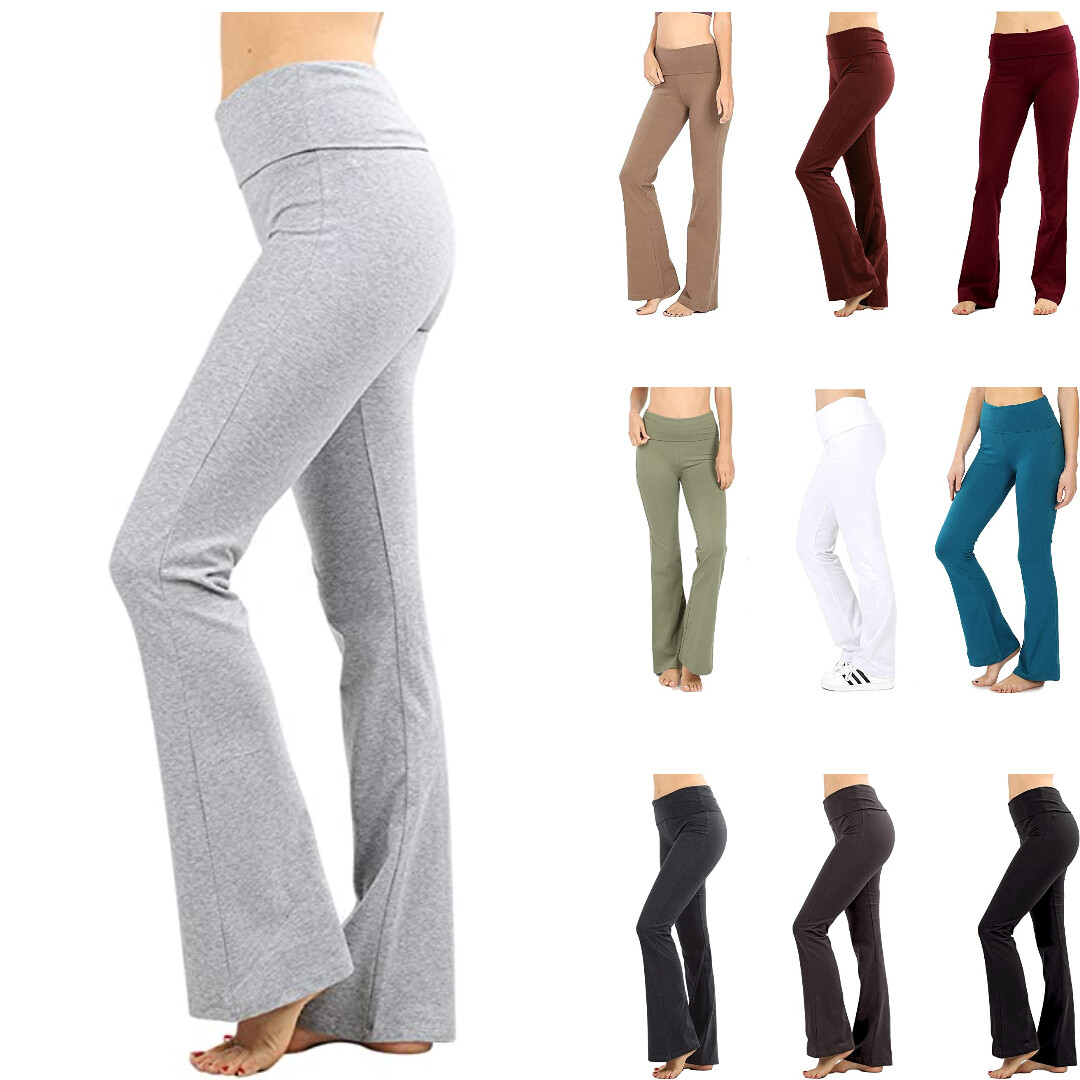 Zenana Women Fold Over Waist Cotton Stretch Flare Leg Boot Cut Yoga Pants  Leggings H Grey X-Large