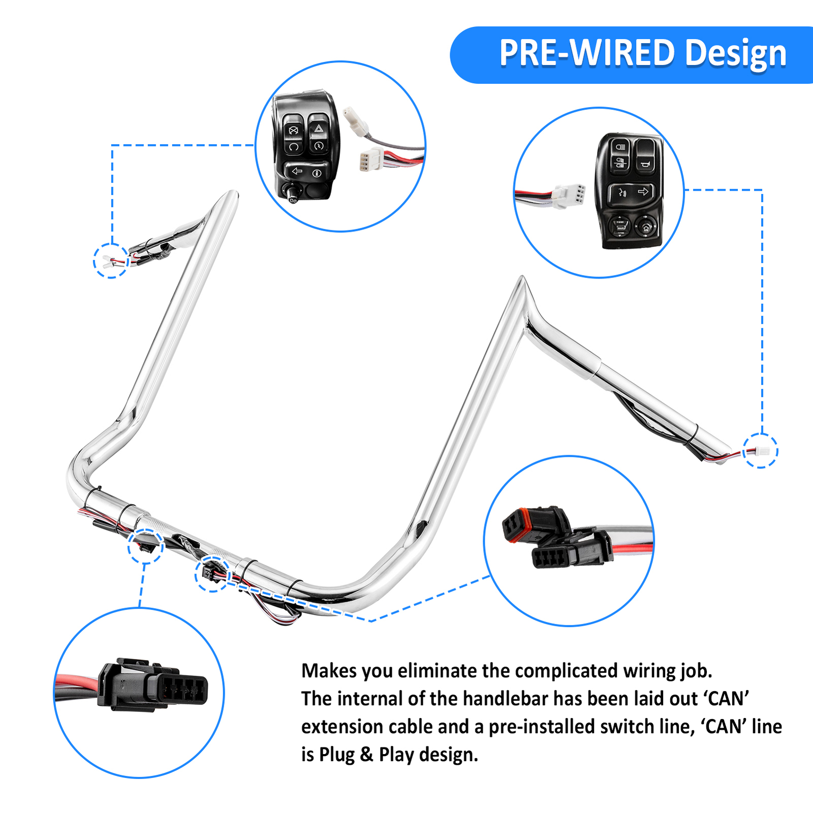 Chrome 14" PreWired Handlebars For Harley Bagger Touring CVO Street