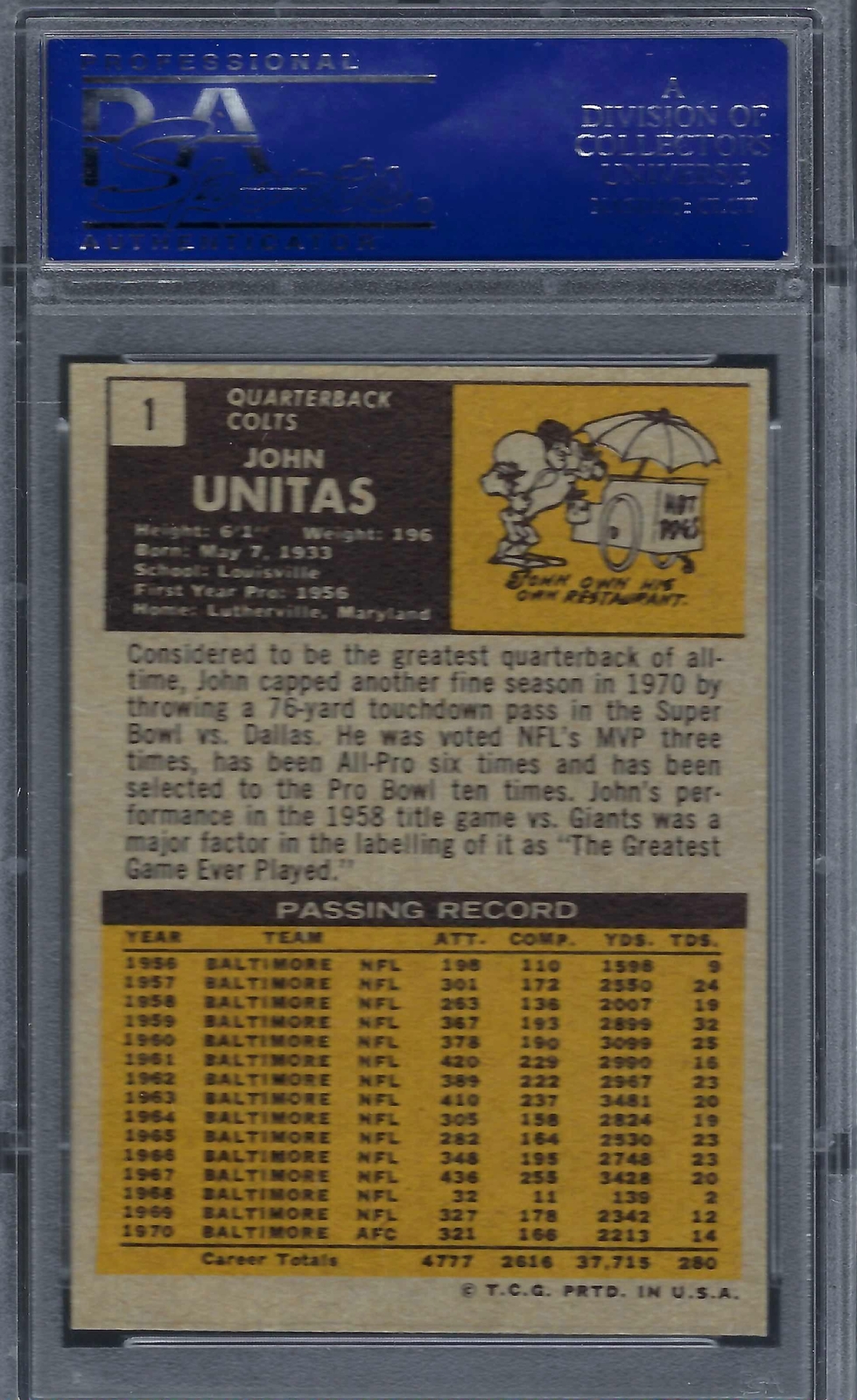 1971 Topps FB #001 PSA 8 John Unitas Colts 1 Nice! view 2