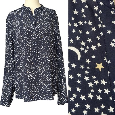 STELLA McCARTNEY Moon & Stars Celestial Silk Blouse Navy Blue Sz 8 42 MRP $695