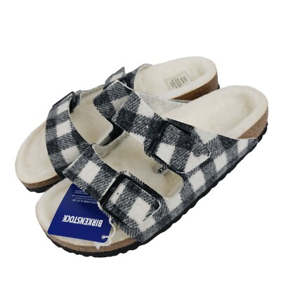NEW BIRKENSTOCK Arizona Rivet Shearling Sandals WHITE PLAID  display picture 1