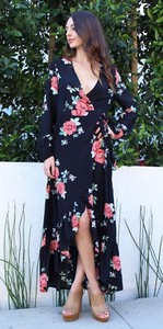 black floral long sleeve wrap dress