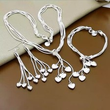 Small Heart Pandent Chain Necklace Bracelet Earring Silver Jewelry Set Lady Gift
