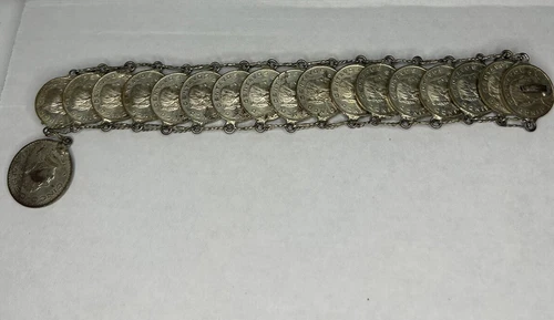 MEXICO ESTADO UNIDOS 18 CENTAVOS SILVER COIN BRACELET, NEEDS REPAIR, SOLD AS IS