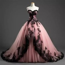 Gothic Wedding Dresses Black and Pink Lace Bridal Gown Fairytale A-Line Medieval