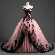 Gothic Wedding Dresses Black and Pink Lace Bridal Gown Fairytale A-Line Medieval