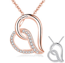 Rose Gold Silver Double heart necklace pendant charm with CZ Cubic Zirconia S3