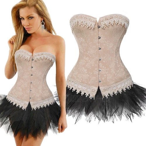 Ladies Lace Strapless Up Burlesque Corset Fancy Dress Costume Overbust Top&Tutu - Picture 12 of 31