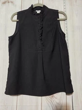 J.Crew Sleeveless Blouse Womens 4 Black Ruffle Trim Mock Neck Button Front