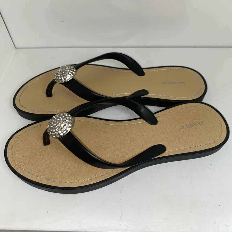 Women’s Joe Boxer Flip Flop Sandals Black-white Rhinestone Wedge Thong Sz 8   - Image 4 of 4
