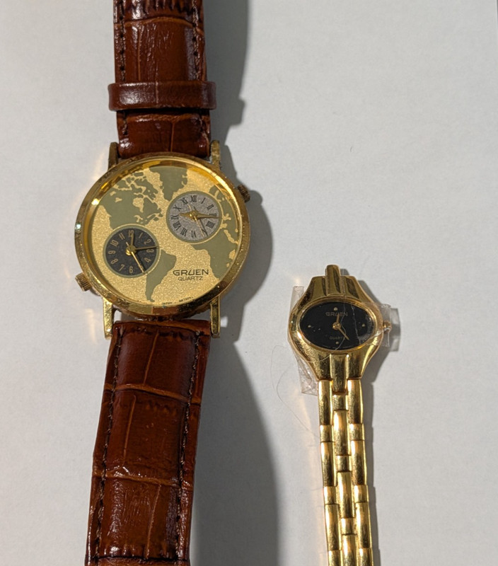 Lot of 2 Gruen Watches dual Time VINTAGE Watch gold links, for parts / repair